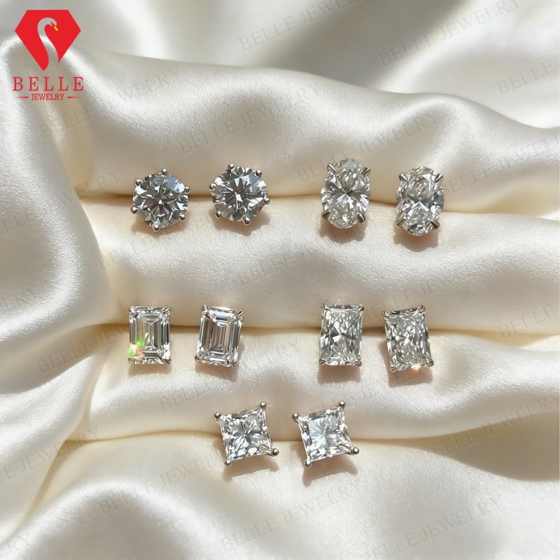 Moissanite Stud Earrings Round Cut 1Ct - Anting Moissanite Warna D 0.5/1ct Bentuk
